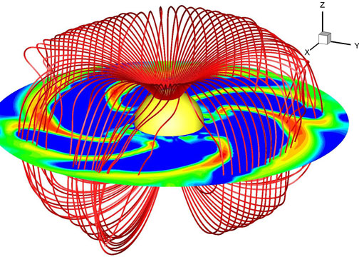 Visualization showing unstable tongues in a star's magnetosphere